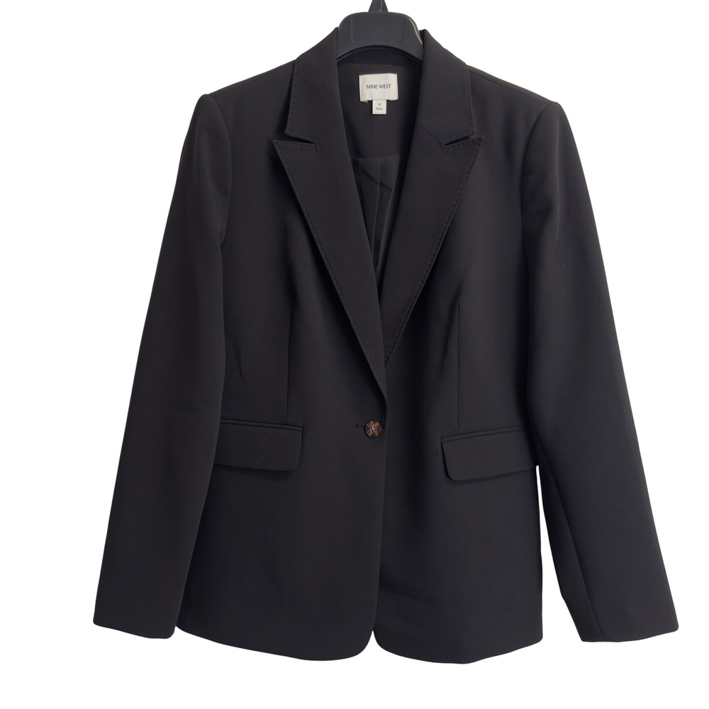 Nine West Womens Black Single Button Pick Stitch Blazer Jacket Size 14